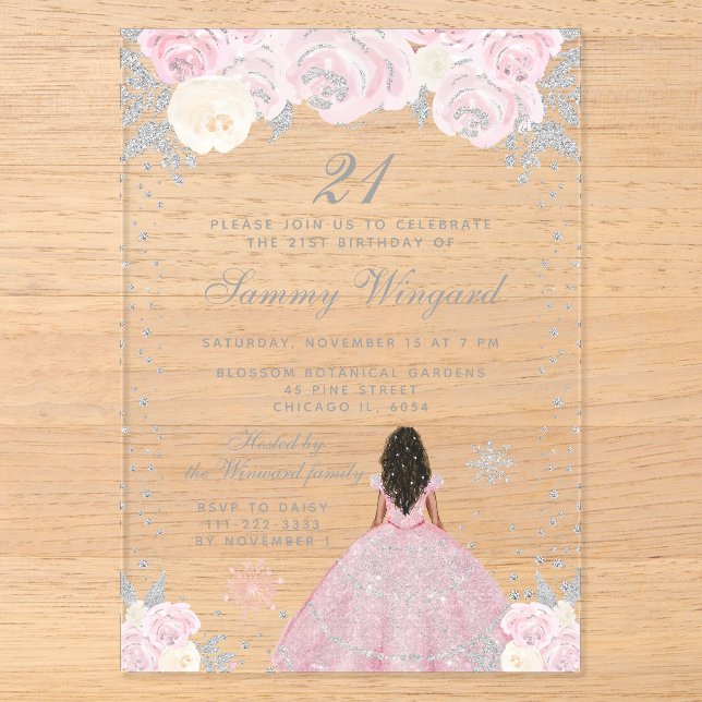 Invitations En Acrylique Peau rose foncée hiver Princesse (Recto)