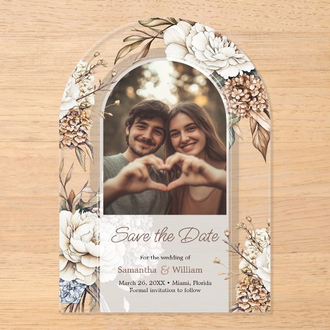 Invitations En Acrylique Peony Moderne & Hydrangea Mariage Enregistrer La D (Recto)