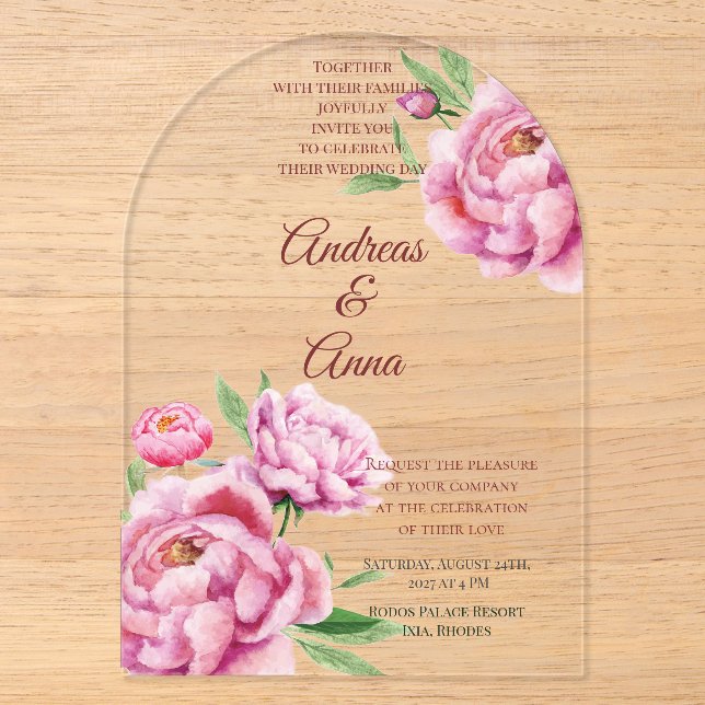 Invitations En Acrylique Peony Wedding (Recto)