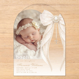 Invitations En Acrylique Perles Arc Élégant Ivoire Photo Baptême