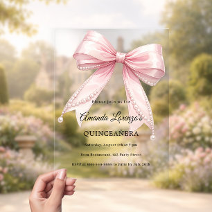 Invitations En Acrylique Perles de ruban rose élégant Quinceanera luxe clai