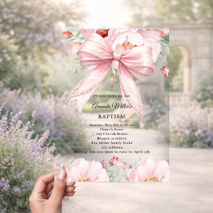 Invitations En Acrylique Perles de ruban rose fleur fille clair Baptême