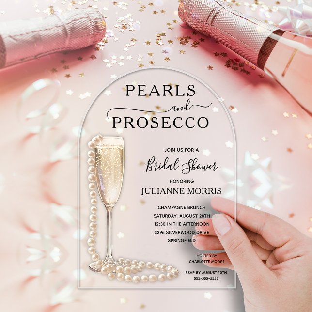 Invitations En Acrylique Perles élégantes et Fête des mariées de poursuites (Pearls and Prosecco arch top bridal shower invitations - order CLEAR or FROSTED acrylic)
