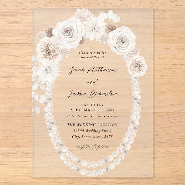 Invitations En Acrylique Perles et Mariage floral blanc V2 (Recto)