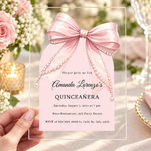 Invitations En Acrylique Perles rose bow Quinceanera luxe arche claire
