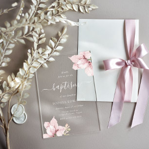 Invitations En Acrylique Pétales de Fleur Rougeoyante Élégantes Filles Bapt