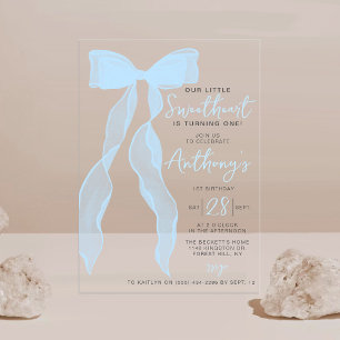 Invitations En Acrylique Petit Cœur Élégant Nœud Bleu Fête d'Anniversaire