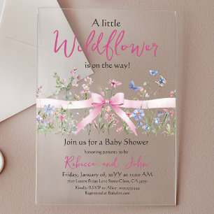 Invitations En Acrylique Petit Fleur sauvage Floral Girl Pink Bow Baby show