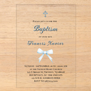 Invitations En Acrylique petit noeud bleu pastel Baptême