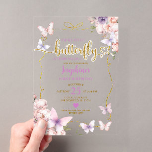 Invitations En Acrylique Petit Papillon rose pourpre 1er anniversaire
