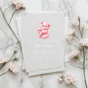 Invitations En Acrylique Petite Ourson Rose à Carreaux Baby Shower