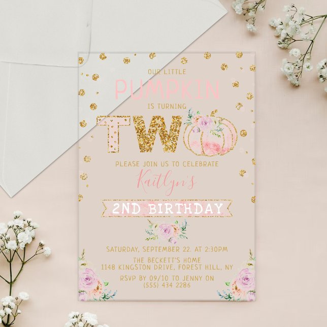 Invitations En Acrylique Petites filles Citrouilles 2e anniversaire (Créateur téléchargé)