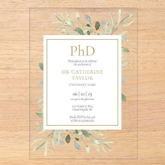 Invitations En Acrylique Phd Degree Aquarelle Vert Floral Graduation (Recto)