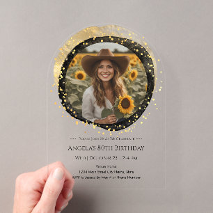 Invitations En Acrylique Photo 80e anniversaire noir et or