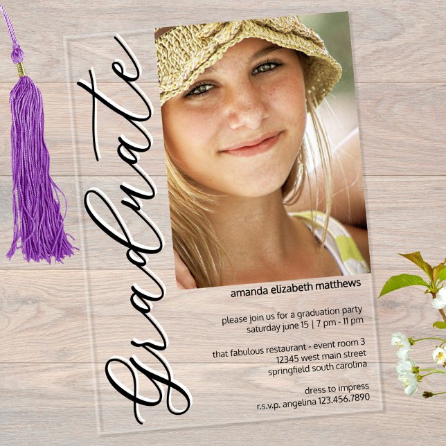 Invitations En Acrylique Photo Black N White Girly Script Graduation Party (Upload your graduate's photo into this minimalist girly script graduation design on clear acrylic)