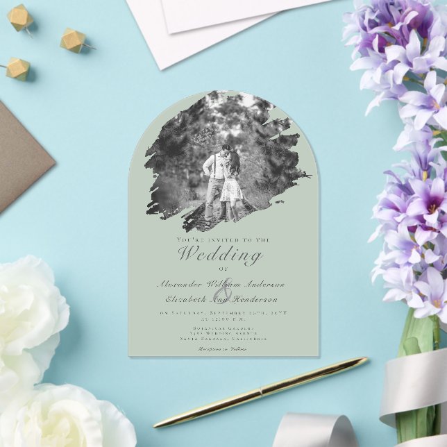 Invitations En Acrylique Photo Brusch moderne | Mariage vert Sage (Insitu (Mariage))