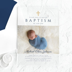 Invitations En Acrylique Photo de Baptême de Boy Croix Religieuse Bleue Mar