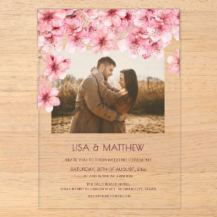 Invitations En Acrylique Photo de mariage de fleur de cerisier transparente