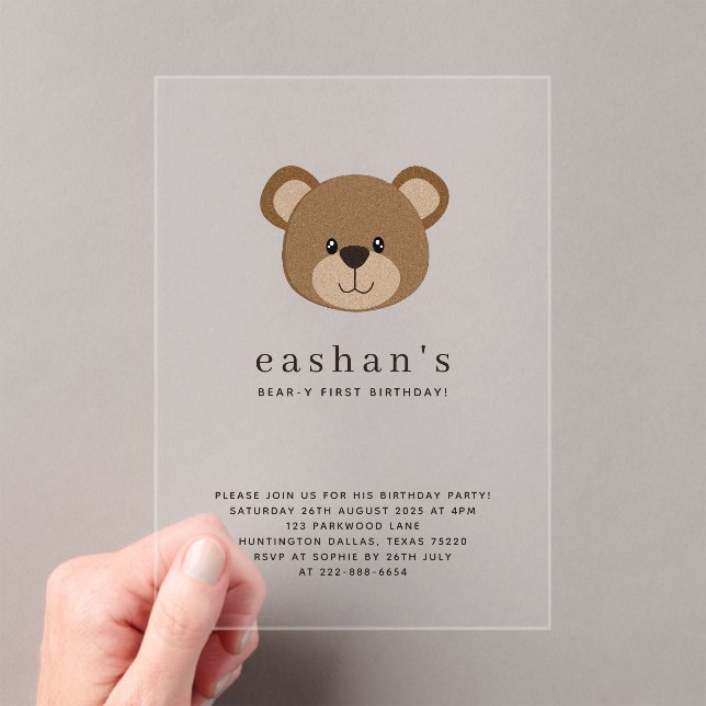 Invitations En Acrylique Photo du premier anniversaire de l'ours mignon (In situ (ordinateur de poche))