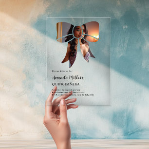 Invitations En Acrylique Photo élégante avec nœud claire Quinceanera