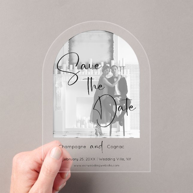 Invitations En Acrylique Photo Enregistrer La Date Modern Script Mariage (In situ (ordinateur de poche))