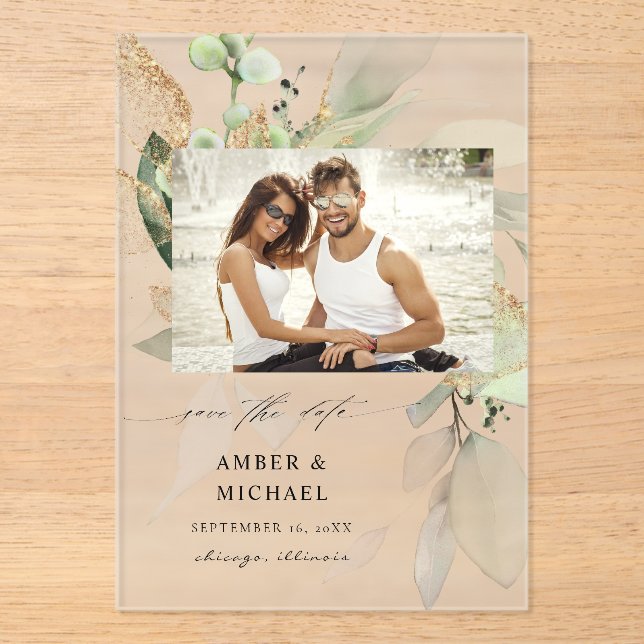 Invitations En Acrylique Photo Eucalyptus Glow Enregistrer la date 3 (Recto)