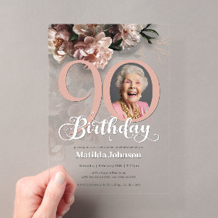 Invitations En Acrylique Photo florale rose personnalisée 90e anniversaire
