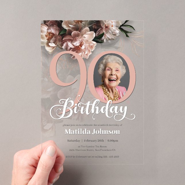 Invitations En Acrylique Photo florale rose personnalisée 90e anniversaire (In situ (ordinateur de poche))