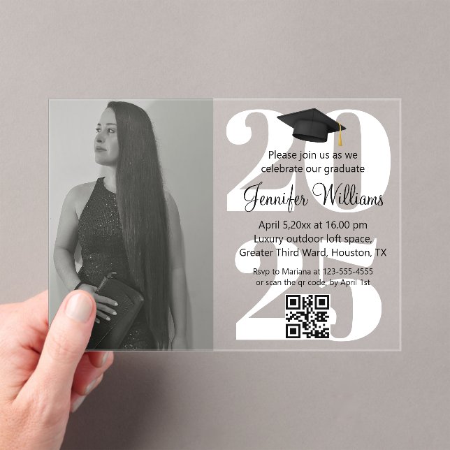 Invitations En Acrylique photo graduation 2025 parti qr code blanc script (In situ (ordinateur de poche))
