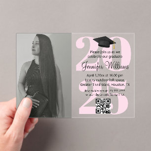 Invitations En Acrylique photo graduation 2025 parti qr code script rose