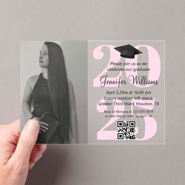 Invitations En Acrylique photo graduation 2025 parti qr code script rose (In situ (ordinateur de poche))