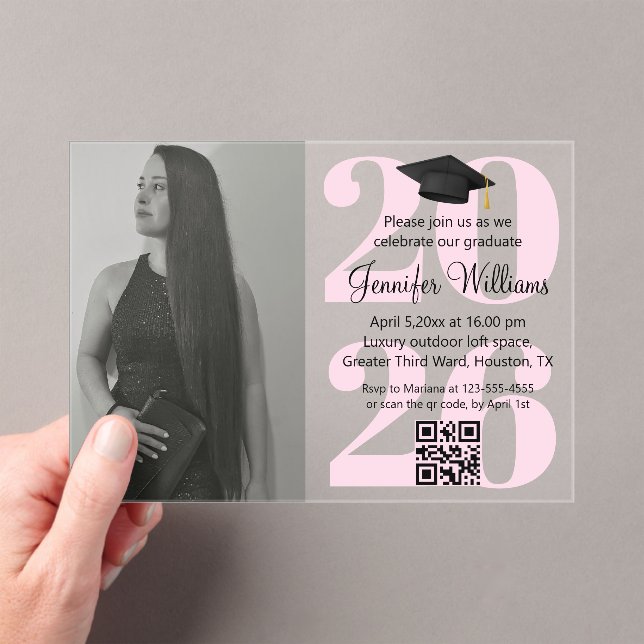 Invitations En Acrylique photo graduation 2025 parti qr code script rose (In situ (ordinateur de poche))
