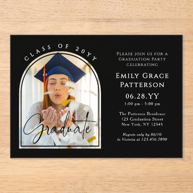 Invitations En Acrylique Photo Modern Arch Graduate Script Graduate Party (Recto)