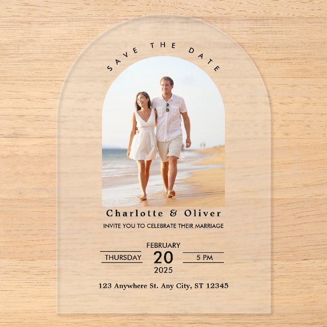 Invitations En Acrylique Photo Personnalisée Moderne Enregistrer La Date (Recto)