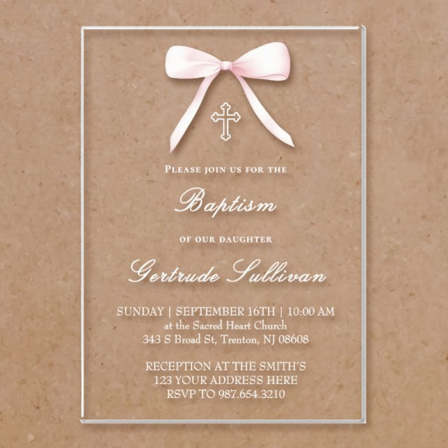 Invitations En Acrylique pink bow Baptism girl (Créateur téléchargé)