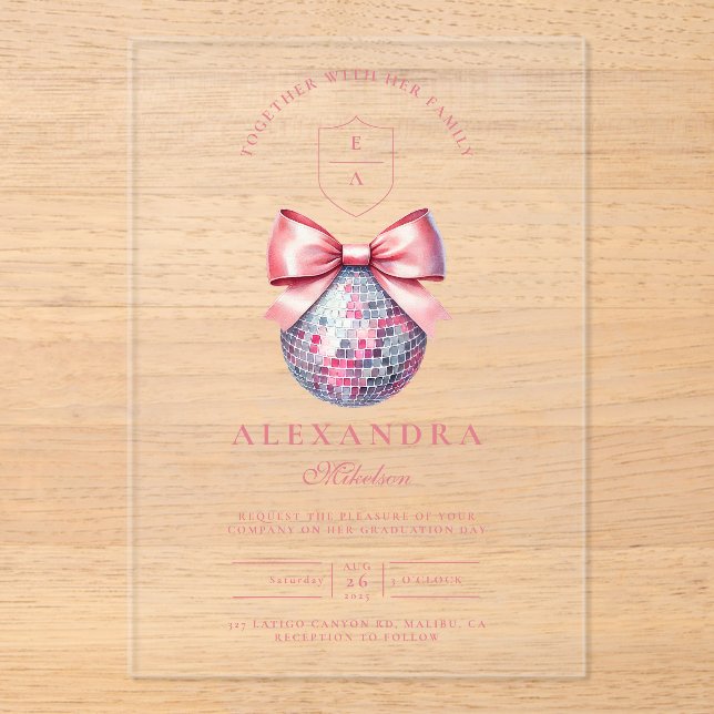 Invitations En Acrylique Pink Bow Disco Ball Party (Recto)