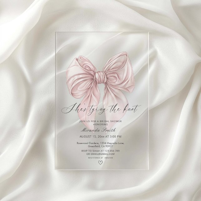 Invitations En Acrylique Pink Bow Elle Tying The Knot Fête des mariées (Créateur téléchargé)