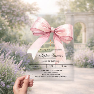 Invitations En Acrylique Pink bow girl clear Confirmation
