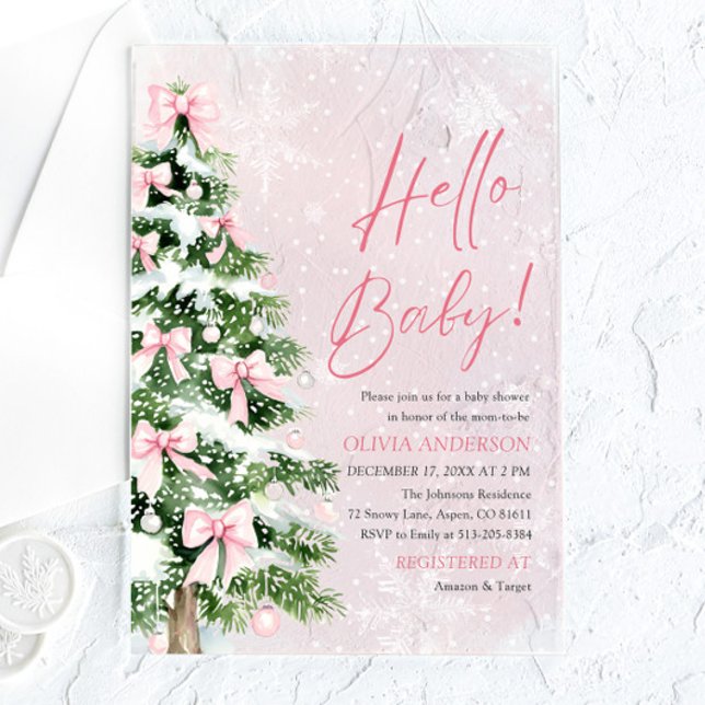 Invitations En Acrylique Pink Bow Girl Noël Bonjour Baby shower bébé (Pink Bow Girl Christmas Hello Baby Baby Shower Acrylic Invitation)