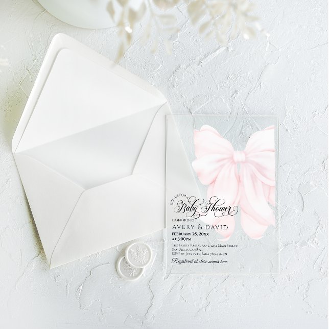 Invitations En Acrylique Pink Bow moderne Élégant Baby shower fille (Créateur téléchargé)