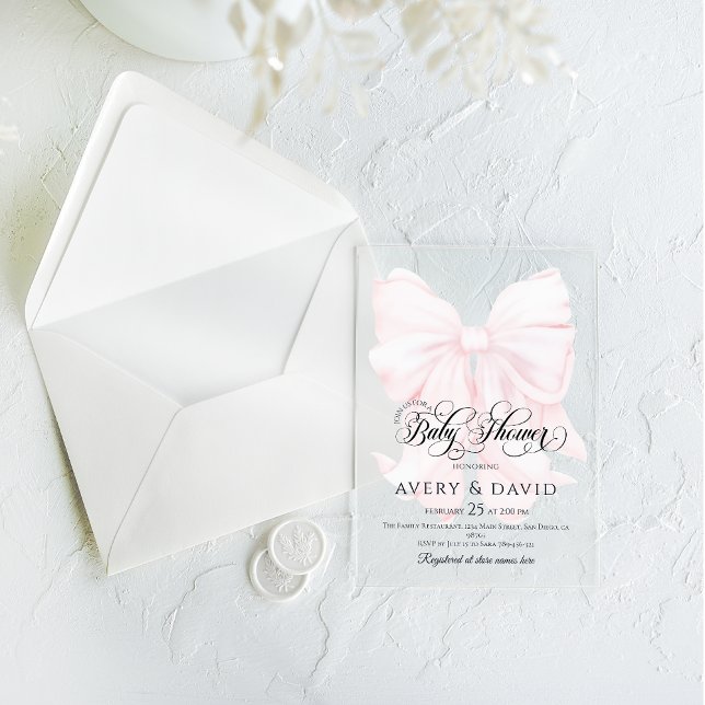 Invitations En Acrylique Pink Bow moderne Élégant Baby shower fille (Créateur téléchargé)