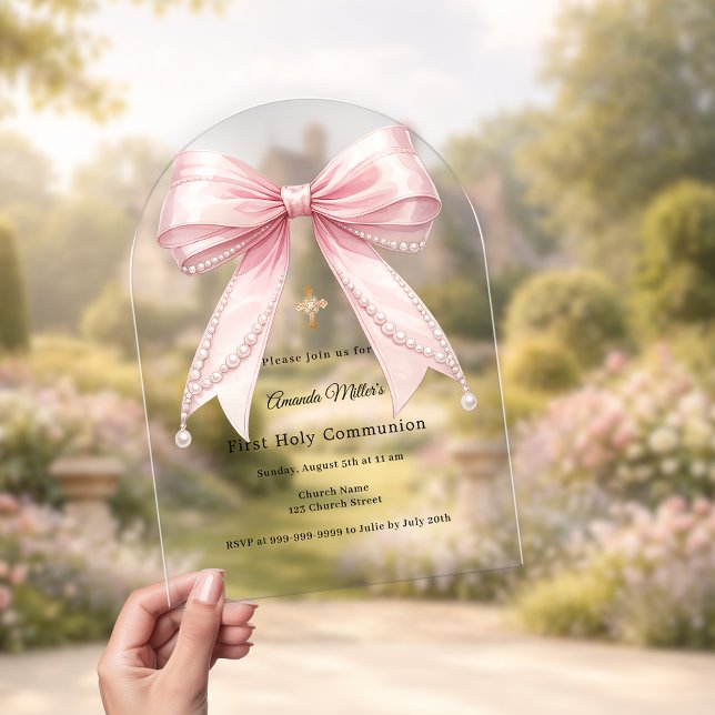 Invitations En Acrylique Pink bow pearls luxury First Communion arch (Créateur téléchargé)