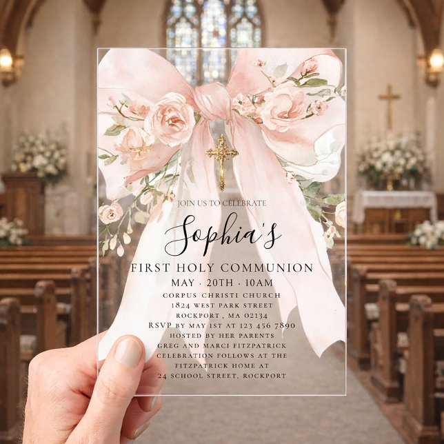 Invitations En Acrylique Pink Bow Rose Floral Girl First Communion  (Créateur téléchargé)