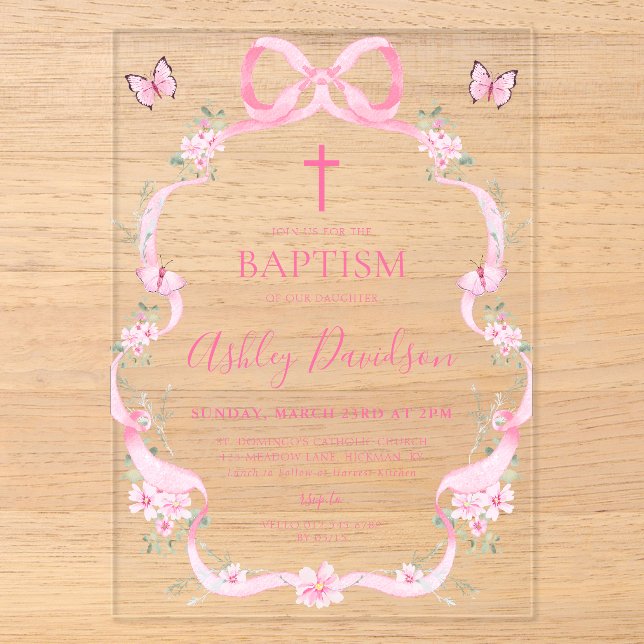 Invitations En Acrylique Pink Bow Wildflower Butterfly Baptism Christening (Recto)