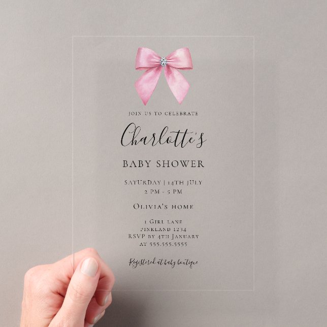 Invitations En Acrylique Pink Diamond Bow Girl Baby Shower  (In situ (ordinateur de poche))