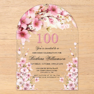 Invitations En Acrylique Pink Floral Arch Elégance 100e fête d'anniversaire