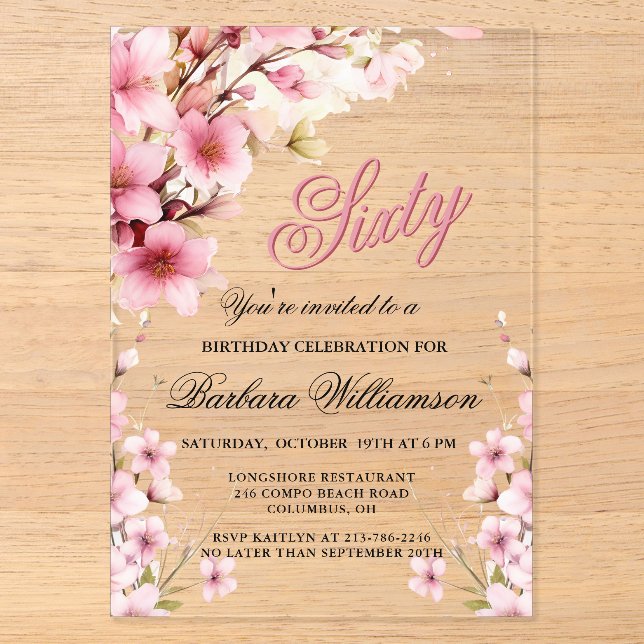 Invitations En Acrylique Pink Floral Elegance 60e anniversaire (Recto)