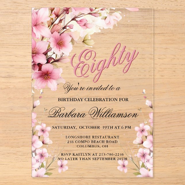 Invitations En Acrylique Pink Floral Elegance 80th Birthday Party (Recto)