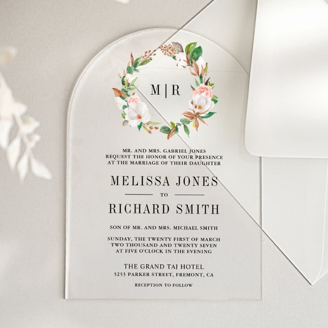 Invitations En Acrylique Pink Floral Magnolia Monogram Wedding   (Créateur téléchargé)