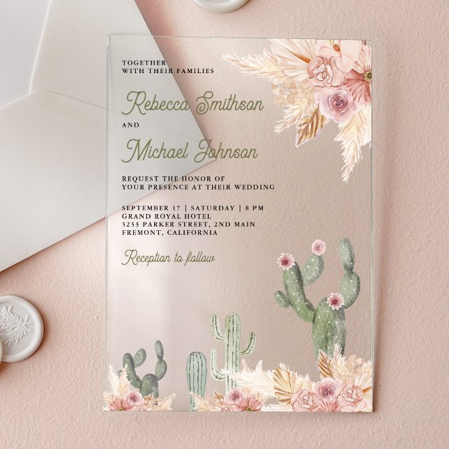 Invitations En Acrylique Pink Floral Pampas Cactus Wedding (Créateur téléchargé)
